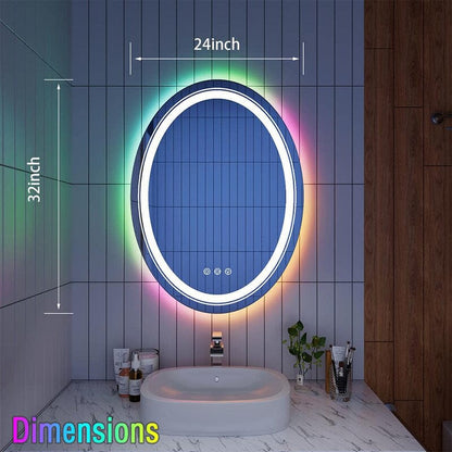 Oval 32'' RGB LED Light Bathroom Vanity Mirror Frameless Anti-fog