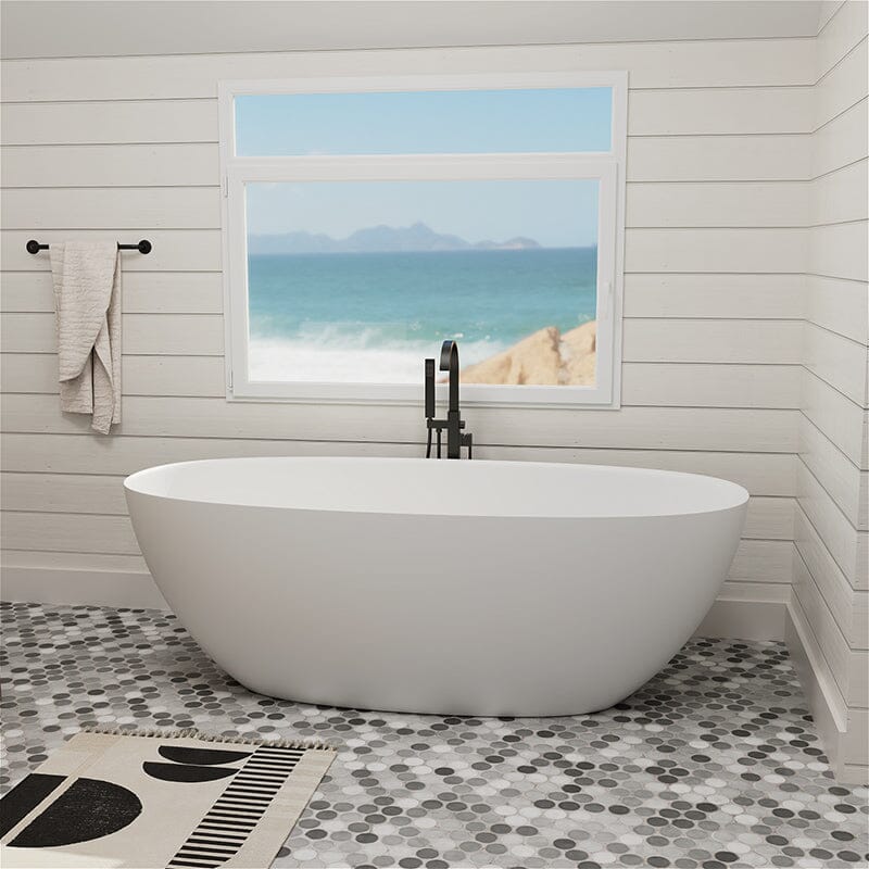 65'' Solid Surface Stone Resin Modern Oval Shaped Freestanding Soaking Bathtub with Overflow