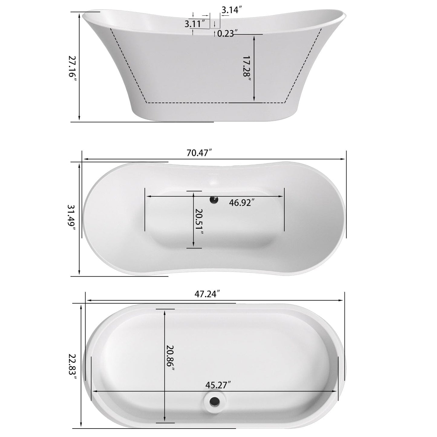 70'' Double Slipper Tub Solid Surface Stone Resin Freestanding Soaking Bathtub