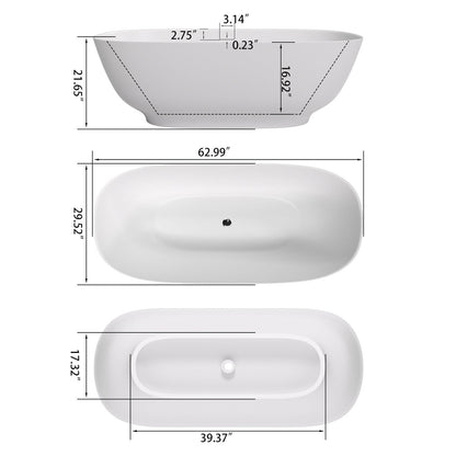 63'' Modern Freestanding Soaking Tub Solid Surface Stone Resin Bathtub Rounded Rectangle