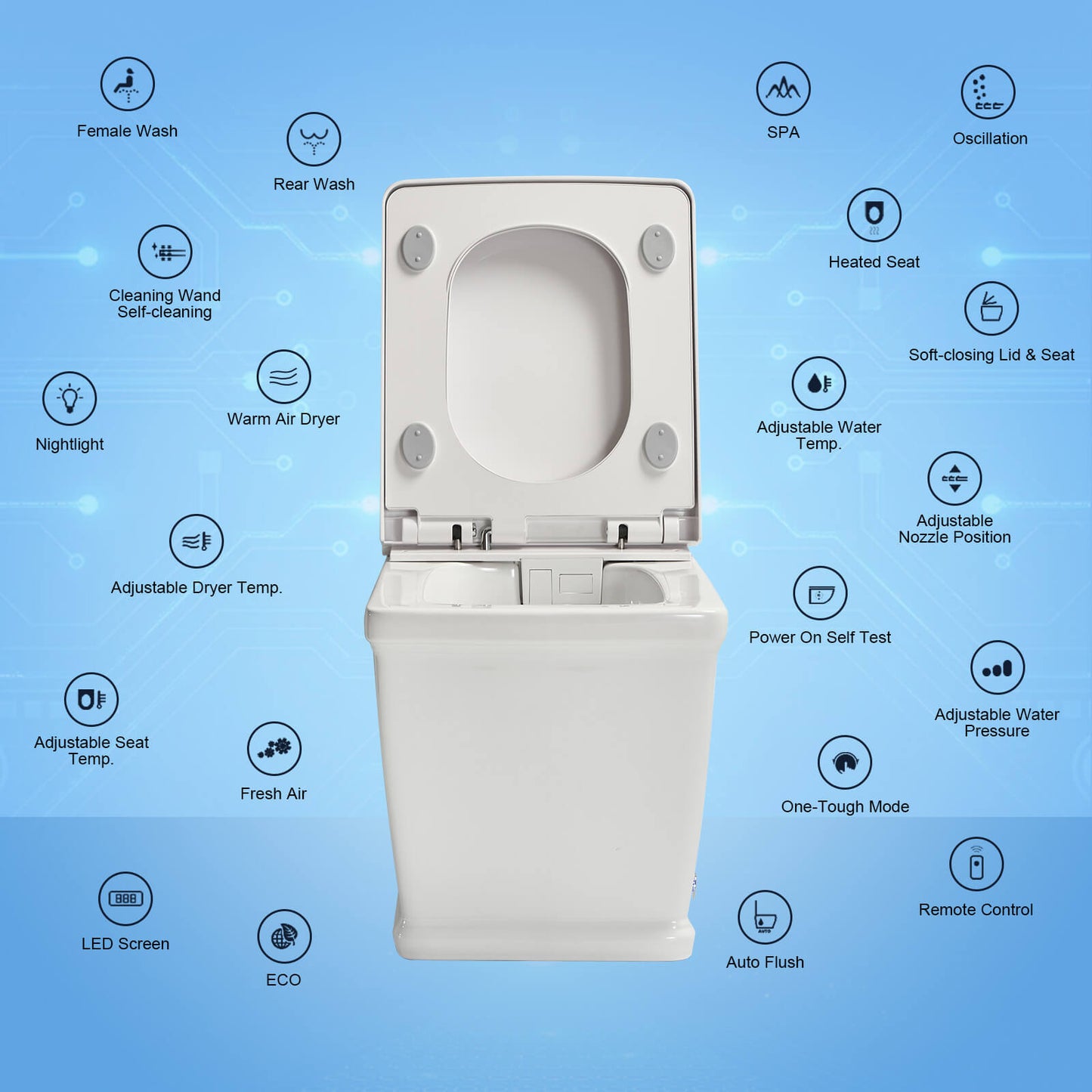 Square Smart Bidet Toilet with Remote Control, One Piece Tankless, Heated Seat, Warm Water and Dry