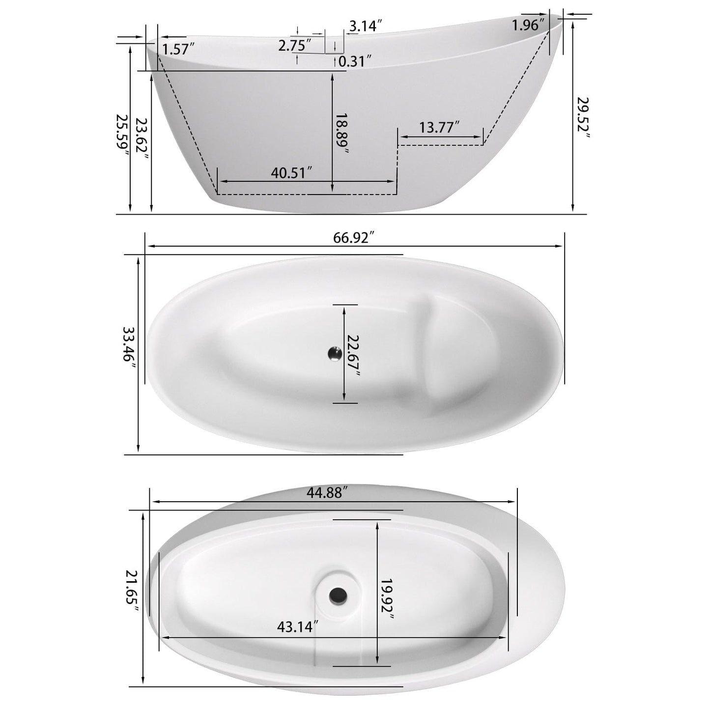 67'' Single Slipper Tub Solid Surface Stone Resin Freestanding Soaking Bathtub with Built-in Seat