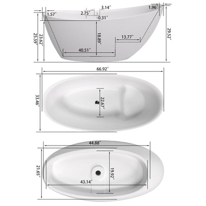 67'' Single Slipper Tub Solid Surface Stone Resin Freestanding Soaking Bathtub with Built-in Seat