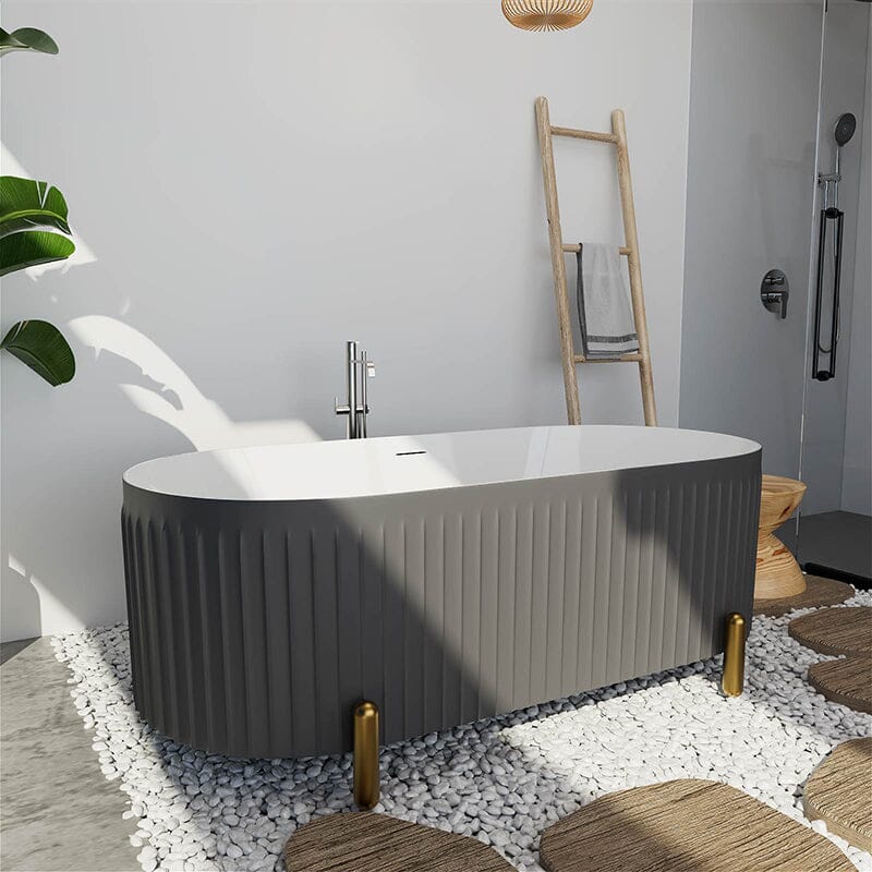 67'' Oval Acrylic Fluted Freestanding Soaking Bathtub with Feet