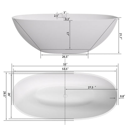 55'' Solid Surface Stone Resin Oval-shaped Freestanding Soaking Bathtub with Overflow