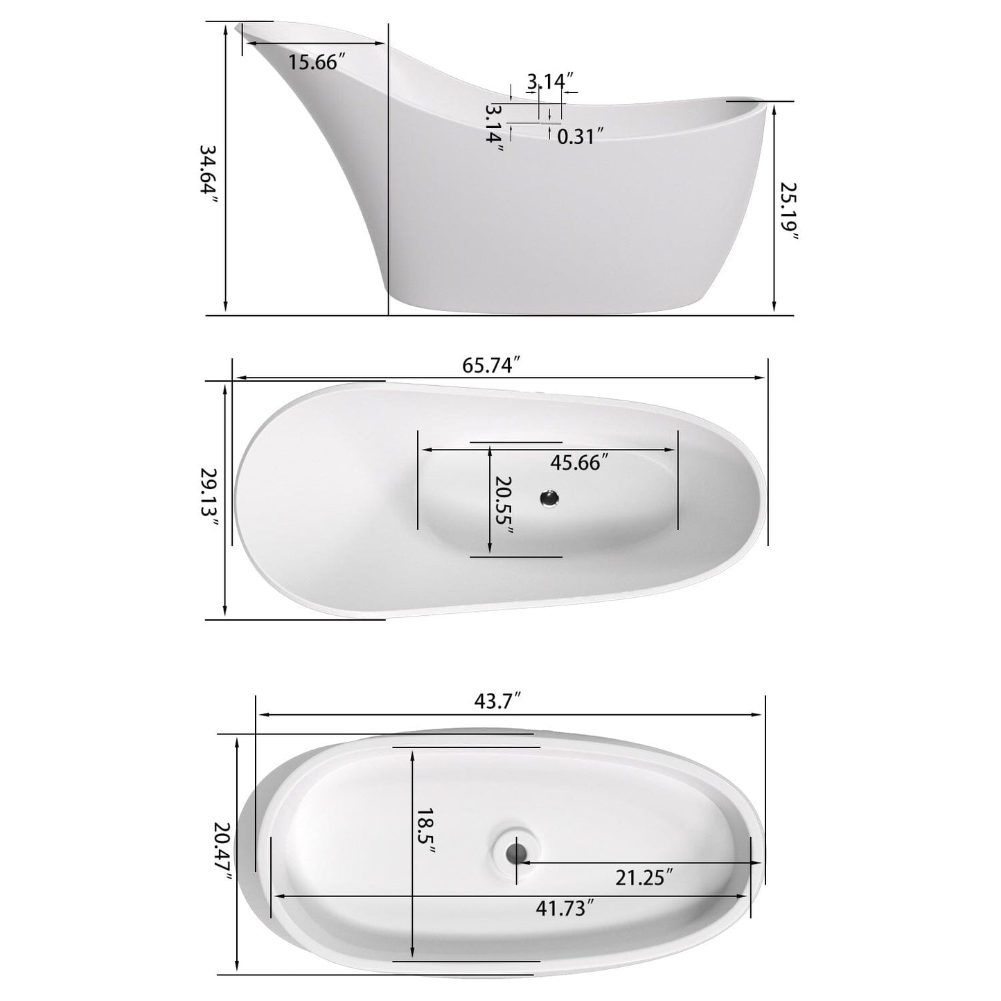 66'' Single Slipper Tub Solid Surface Stone Resin Freestanding Soaking Bathtub Comfortable Backrest