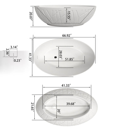 67'' Large Oval Tub Solid Surface Stone Resin Freestanding Soaking Bathtub