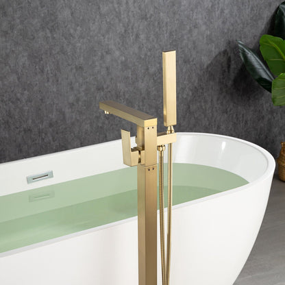 180° Rotation Brushed Gold Modern Freestanding Tub Filler Faucet with Hand Shower