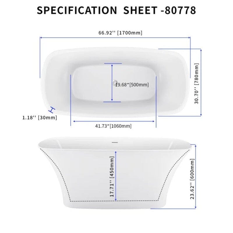 67'' x 23" Acrylic Skirted Bateau Shape Freestanding Bathtub With cUPC Certified