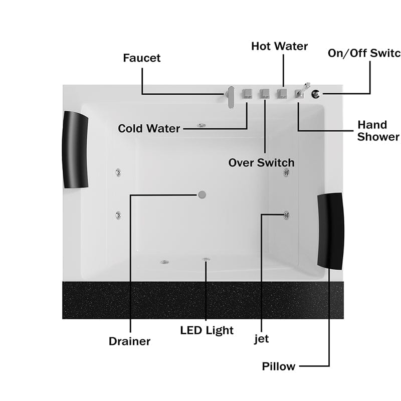 71'' Corner Whirlpool Tub Air Jet Massage Bathtub with Hand Shower and Led Light