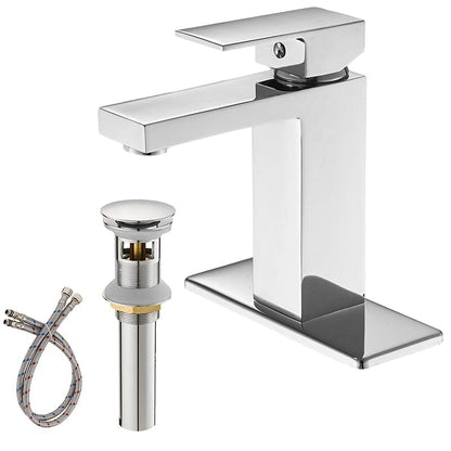 Modern Single Hole Low Arc Bathroom Sink Faucet Single Handle Solid Brass with Pop Up Drain