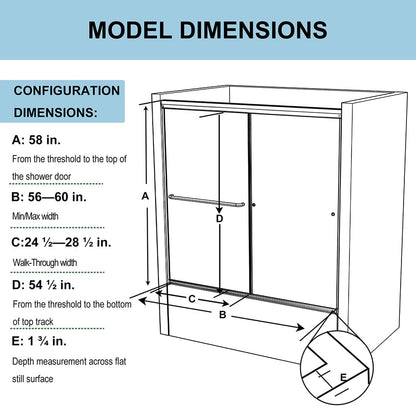 56-60"W x 58"H Shower Door Traditional Two-way Sliding with Handle