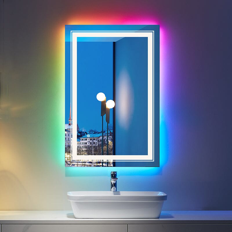 RGB LED Light Bathroom Vanity Mirror Small Rectangular Frameless Anti Fog