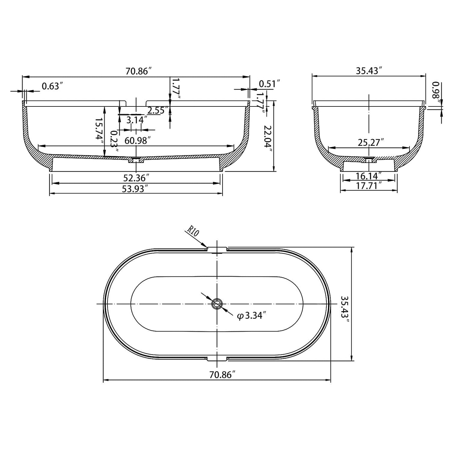 71'' Large Tub Solid Surface Stone Resin Freestanding Soaking Bathtub