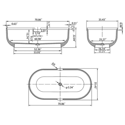 71'' Large Tub Solid Surface Stone Resin Freestanding Soaking Bathtub