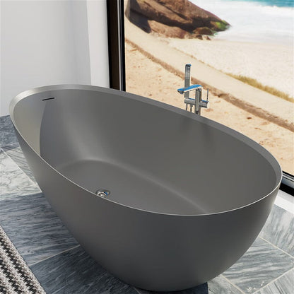 67'' Solid Surface Stone Resin Modern Egg Shaped Freestanding Soaking Bathtub with Overflow