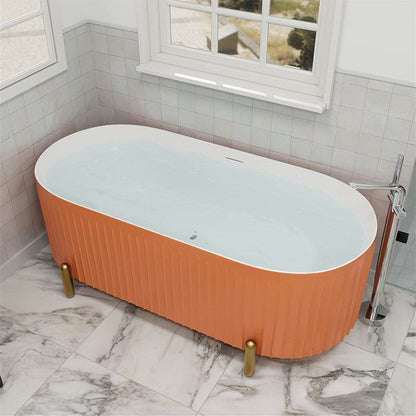 67'' Oval Acrylic Fluted Freestanding Soaking Bathtub with Feet