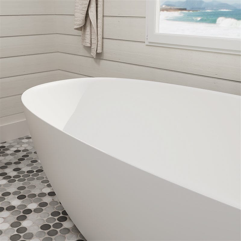 65'' Solid Surface Stone Resin Modern Oval Shaped Freestanding Soaking Bathtub with Overflow