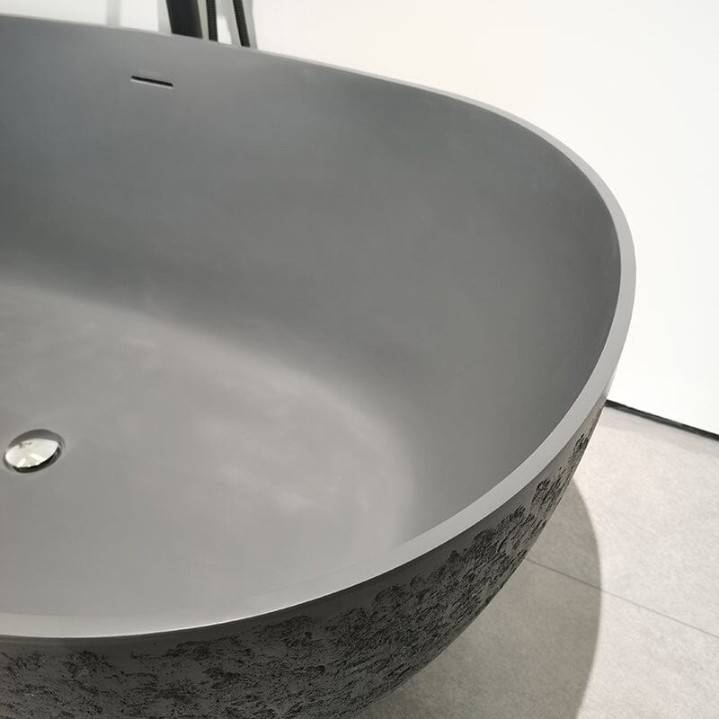 67'' Modern Art Pattern Concrete Gray Solid Surface Egg Shaped Freestanding Soaking Bathtub