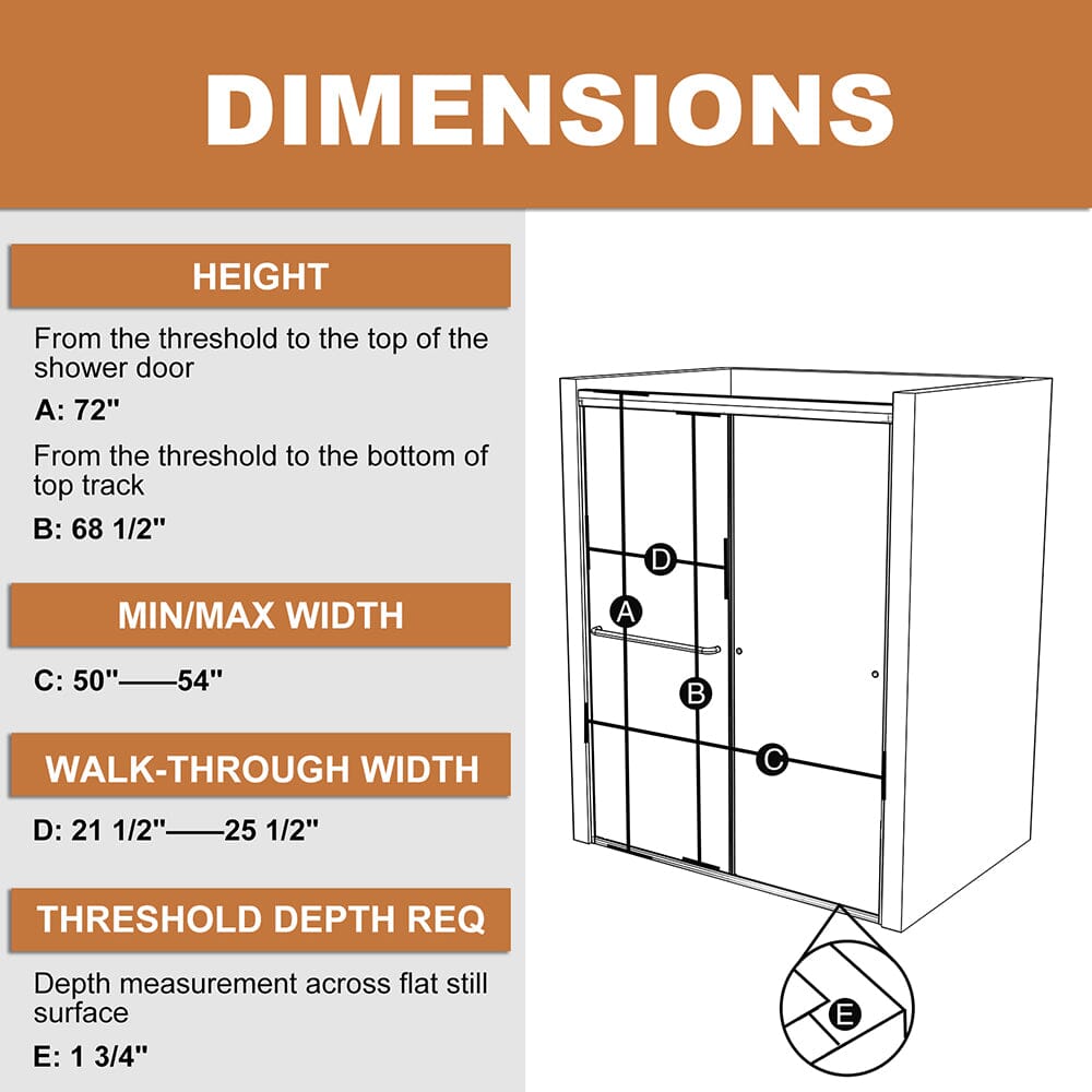 50-54"W x 72"H Shower Door Traditional Two-way Sliding with Handle