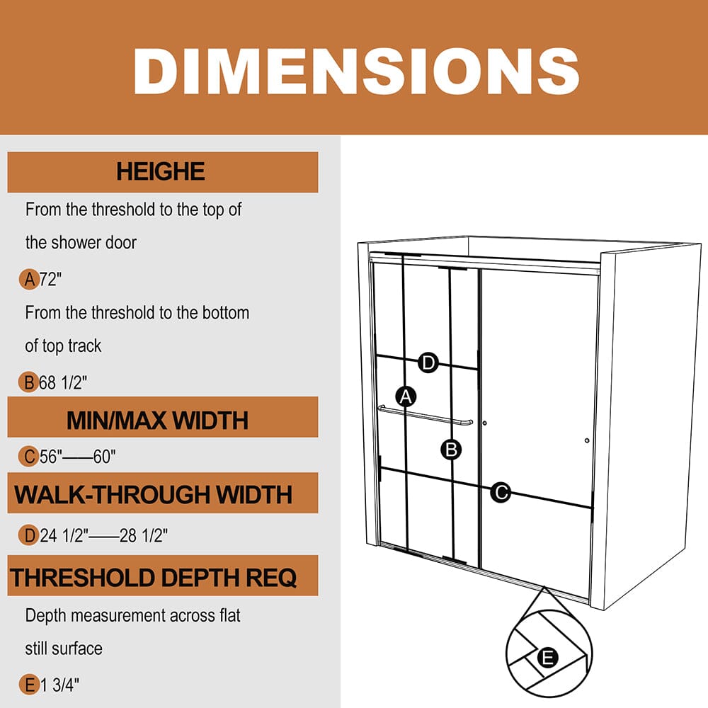 56-60"W x 72"H Shower Door Traditional Two-way Sliding with Handle