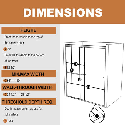 56-60"W x 72"H Shower Door Traditional Two-way Sliding with Handle