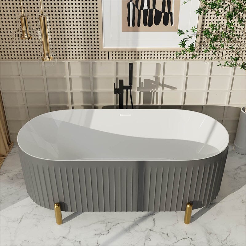 67'' Oval Acrylic Fluted Freestanding Soaking Bathtub with Feet