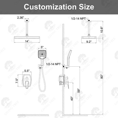 Shower Set 14" Rectangular Ceiling Shower Head with Hand Shower