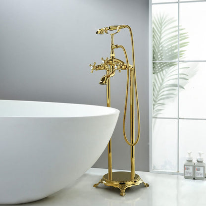 Floor Mount Freestanding Bathtub Faucet with Handheld Shower Gold Retro Style