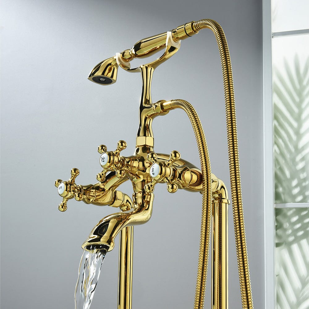 Floor Mount Freestanding Bathtub Faucet with Handheld Shower Gold Retro Style