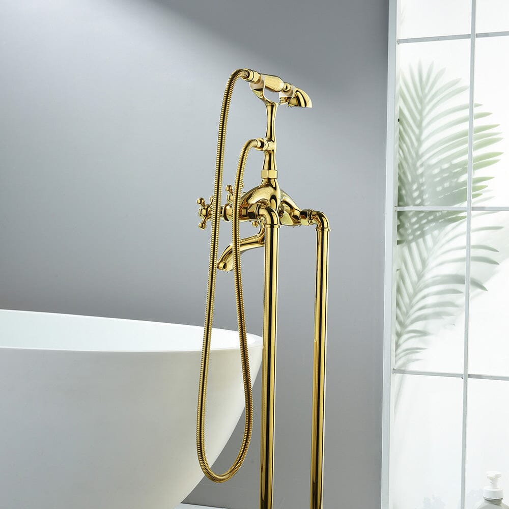 Floor Mount Freestanding Bathtub Faucet with Handheld Shower Gold Retro Style