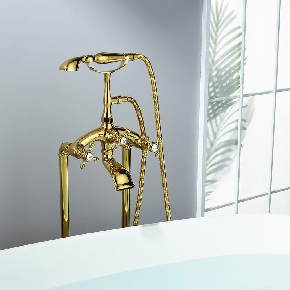 Floor Mount Freestanding Bathtub Faucet with Handheld Shower Gold Retro Style