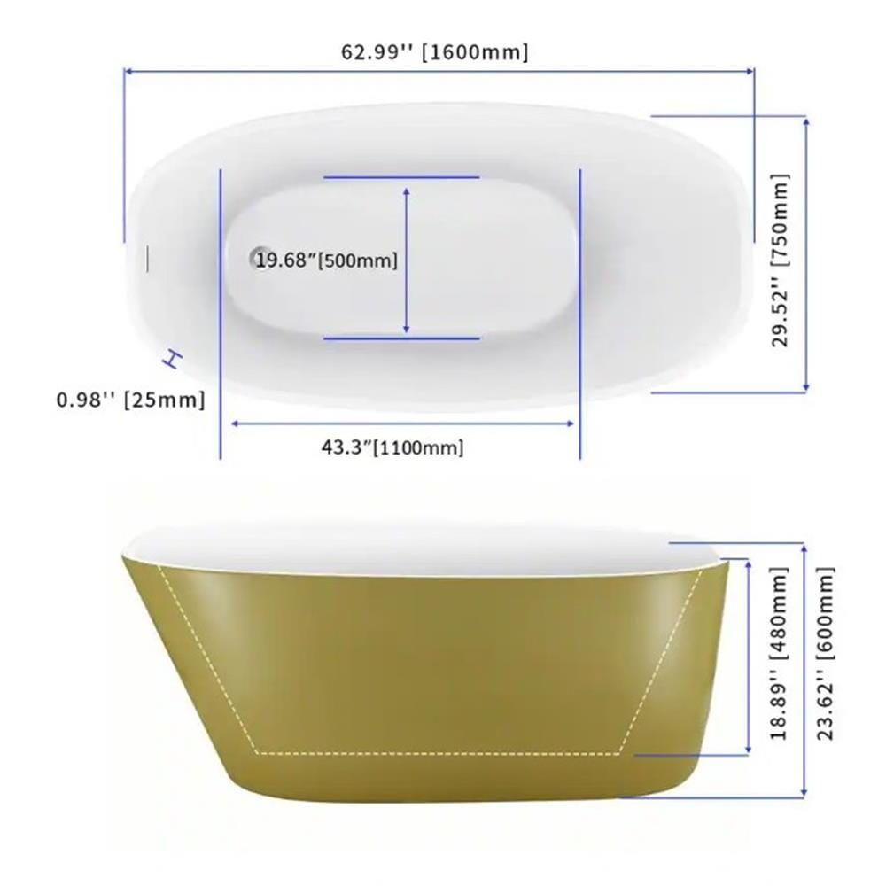 63'' Acrylic Freestanding Deep Bathtub Flatbottom with Drain Pipe