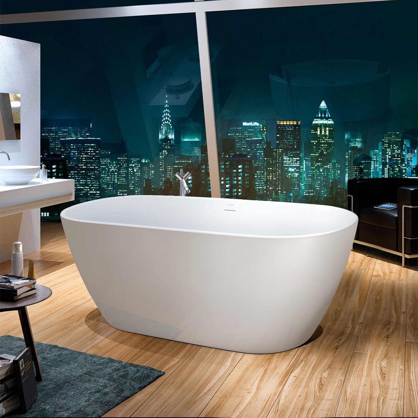 59'' Acrylic Freestanding Flatbottom Bathtub Seamless Soaking Stand Alone Tub