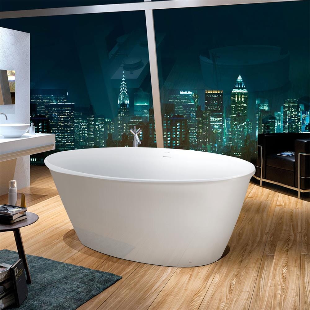 59'' Acrylic Flatbottom Double Slipper Oval Bathtub with Polished Chrome Drain Freestanding Soaking Tub in Glossy White