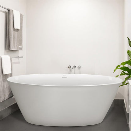 59'' Acrylic Flatbottom Double Slipper Oval Bathtub with Polished Chrome Drain Freestanding Soaking Tub in Glossy White