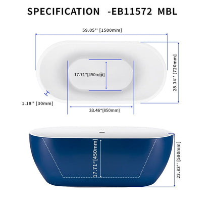 59" Oval Center Drain Soaking Freestanding Tub Acrylic