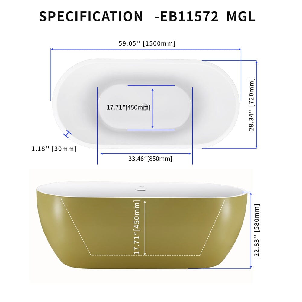 59" Oval Center Drain Soaking Freestanding Tub Acrylic