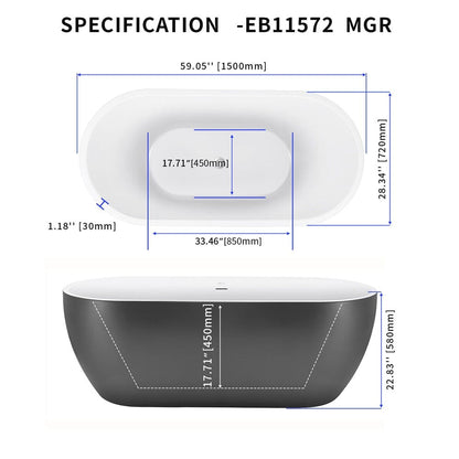 59" Oval Center Drain Soaking Freestanding Tub Acrylic