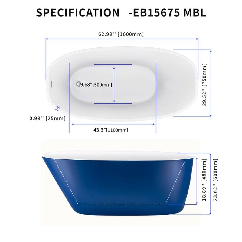 63'' Acrylic Freestanding Deep Bathtub Flatbottom with Drain Pipe