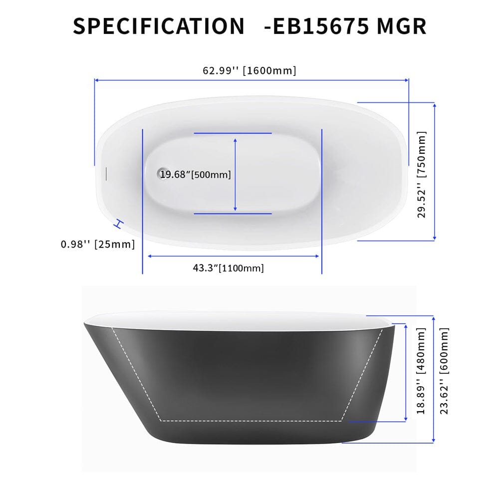 63'' Acrylic Freestanding Deep Bathtub Flatbottom with Drain Pipe