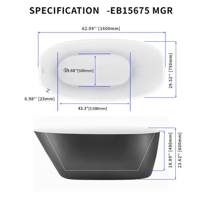 63'' Acrylic Freestanding Deep Bathtub Flatbottom with Drain Pipe