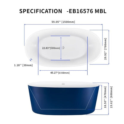 59" Acrylic Modern Bathtub Oval Shape Freestanding Soaking Tub