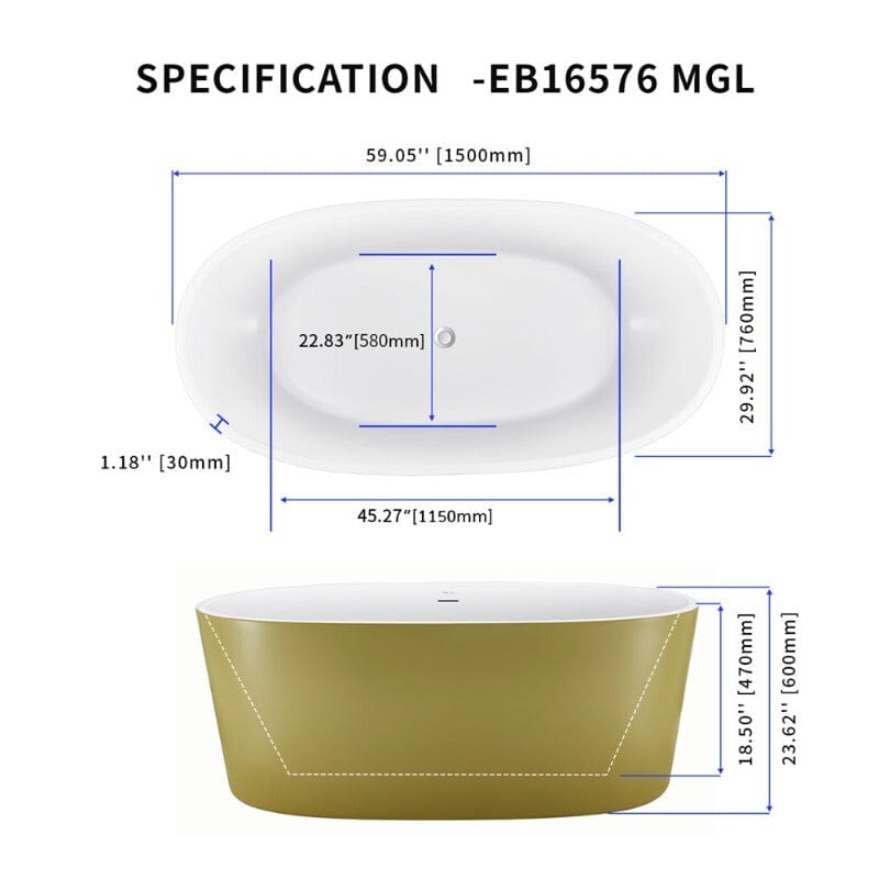 59" Acrylic Modern Bathtub Oval Shape Freestanding Soaking Tub