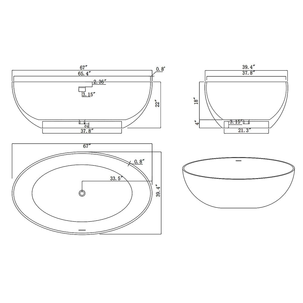 67'' Solid Surface Stone Resin Oval-shaped Matte White Freestanding Soaking Bathtub with Overflow