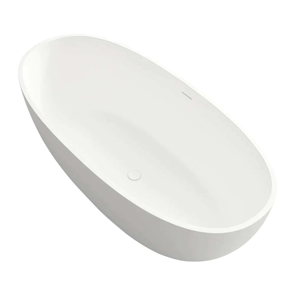 61'' Solid Surface Stone Resin Oval-shaped Matte White Freestanding Soaking Bathtub with Overflow