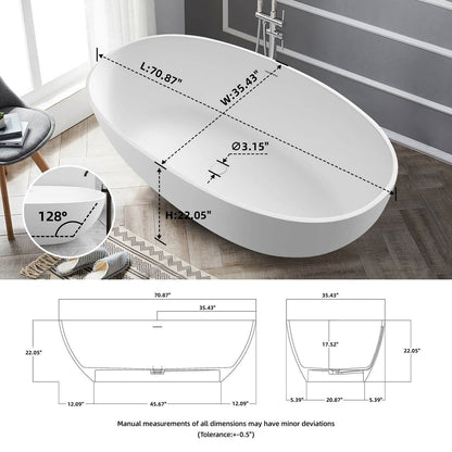 71'' Solid Surface Stone Resin Oval-shaped Freestanding Soaking Bathtub with Overflow