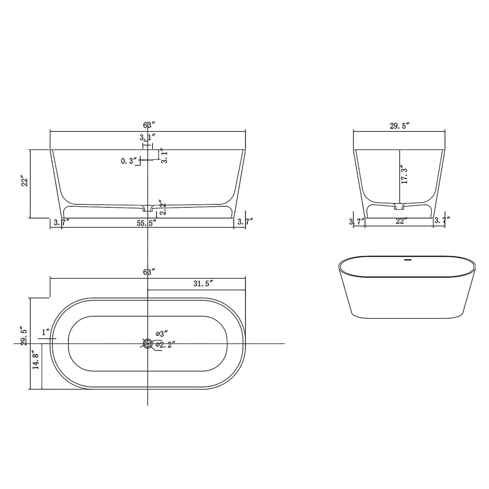 63'' Solid Surface Stone Resin Oval-shaped Matte White Freestanding Soaking Bathtub with Overflow