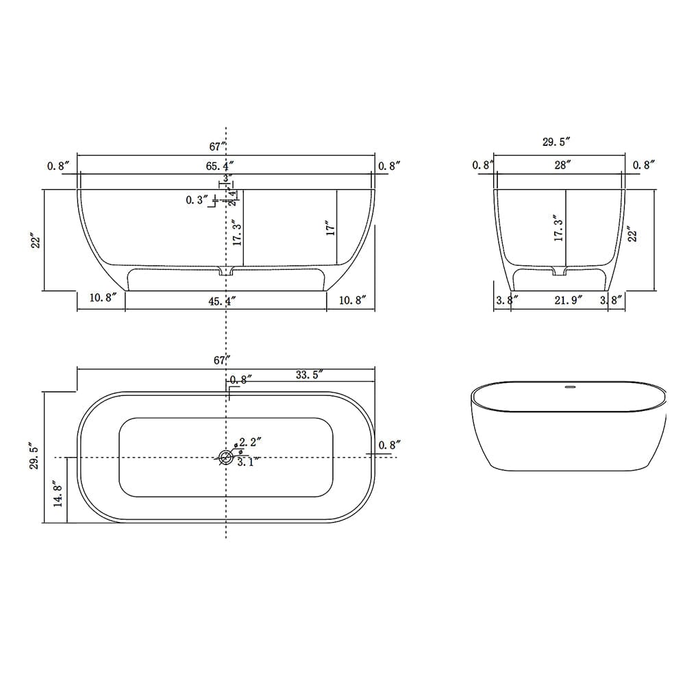 67'' Solid Surface Stone Resin Modern Oval Matte White Freestanding Soaking Bathtub with Overflow