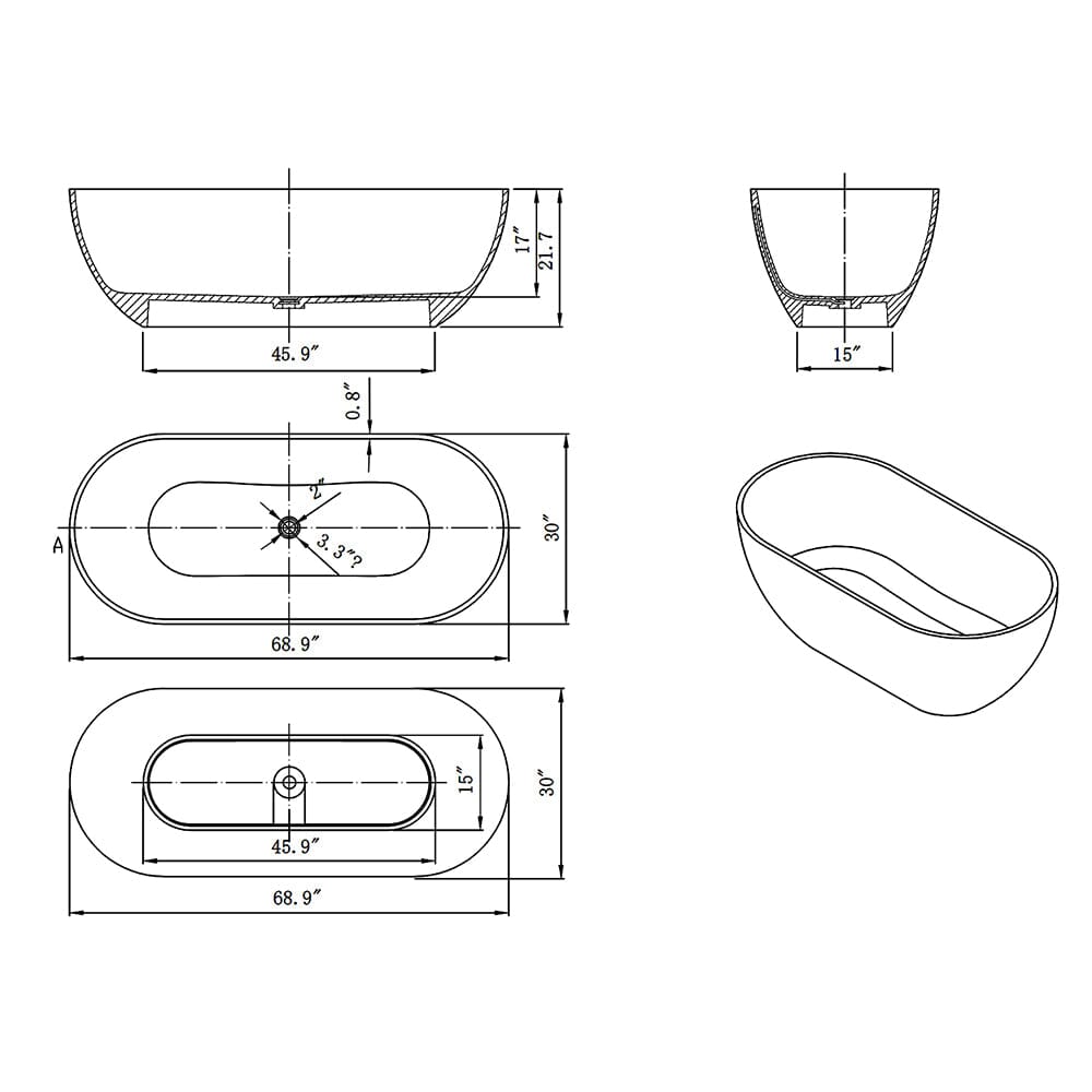 69'' Resin Oval Modern Art Transparent Freestanding Soaking Bathtub